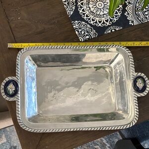 Vintage Pewter Tray w/Ceramic Lily Application 19 1/2 inches long